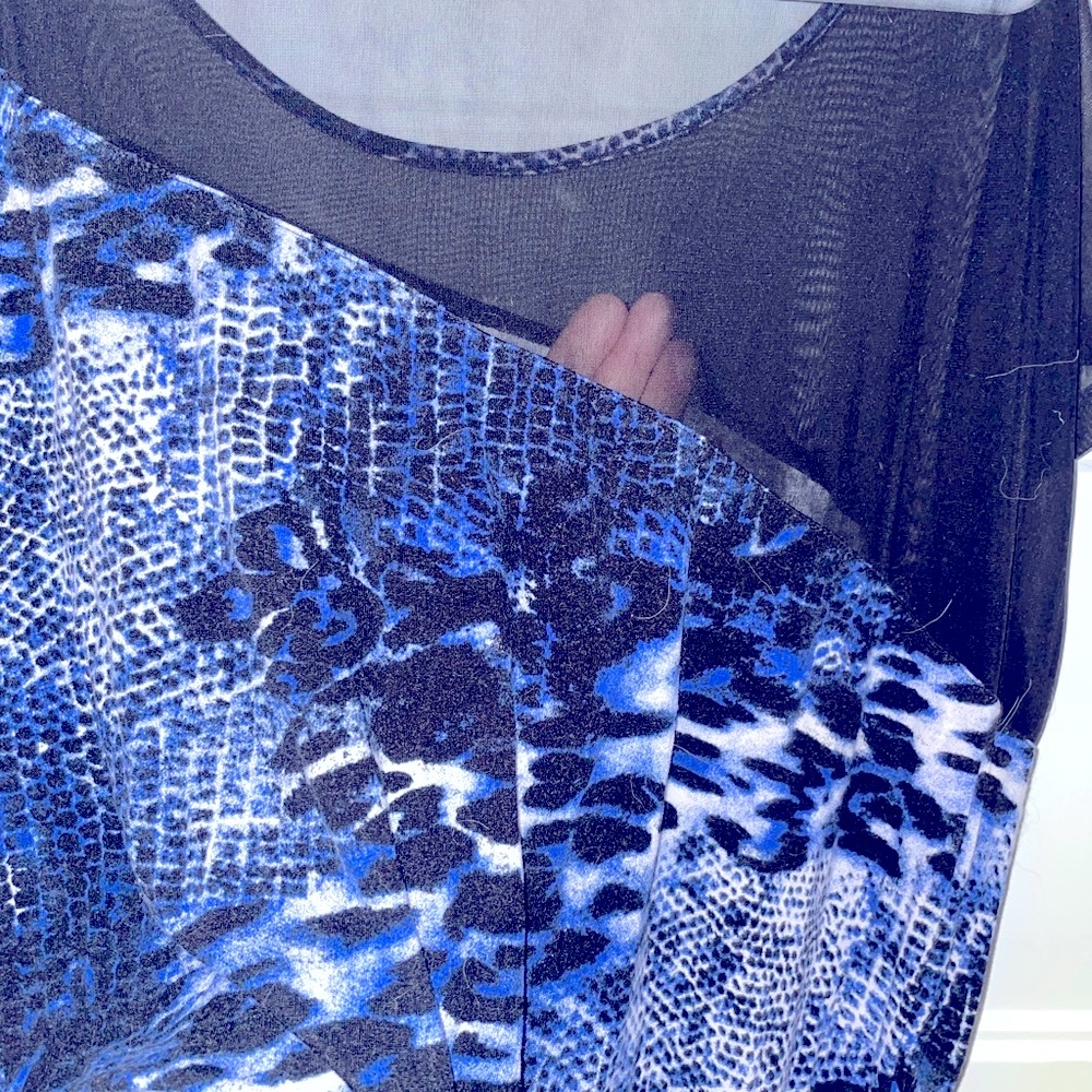 Blue Animal print asymmetrical top with black sheer for women 2X - Picture 7 of 8